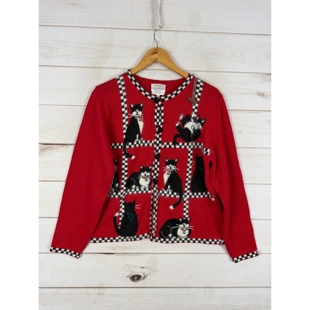 Vintage Susan Bristol Sweater Womens L Red Cat Cardigan Hand Embroidered 1996